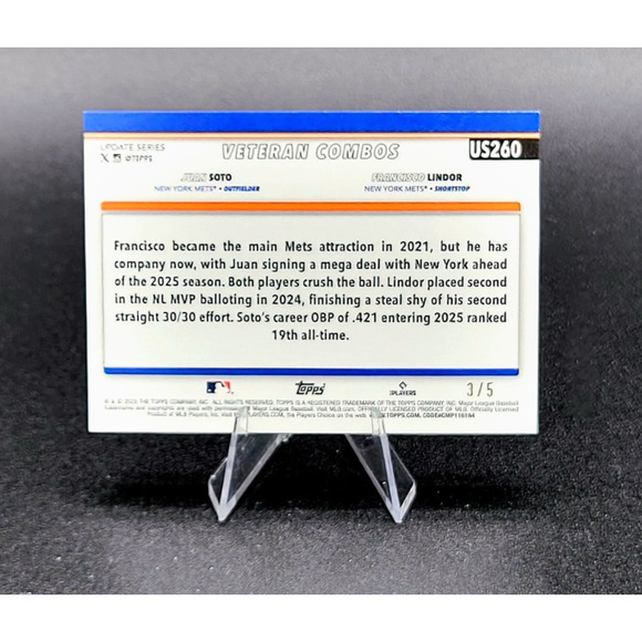 RARE 2025 Juan Soto Lindor /5 Topps Update Red Diamante Foil New York Mets Gift - Picture 3 of 3